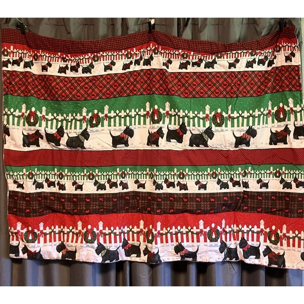 Vintage Handmade Christmas Quilt Blanket 52x36” Plaid Backside Scotty Dogs